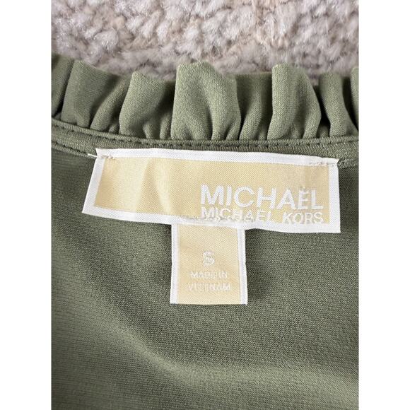 Michael Kors Sz S Minimalist Cocktail V Neck Dress Olive Green Sleeveless Ruffle - Picture 5 of 7